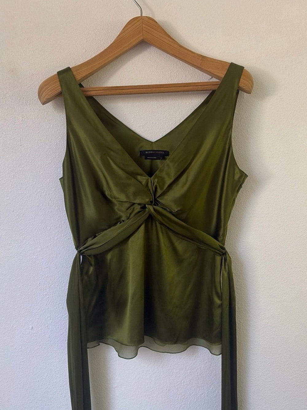 BCBGMaxAzria | Emerald Green V-Neck Twist-Front Silk Camisole Tank Top